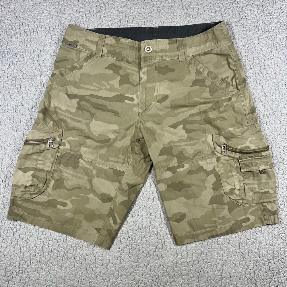 Kuhl Camo Cargo Shorts Mens 32 Tan Green Vintage Patina Dye Style 5149 Utility
